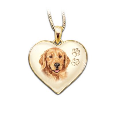 From the first tail-wag, your Golden Retriever has wiggled his (or her) way straight into your home and heart - to stay! Now you can pay tribute to your special friend with this beautiful heart shaped pendant, crafted of fine sterling silver and finished in 24K gold. It features a fine porcelain inlay with a true-to-life portrait of your furry pal, plus two engraved paw prints!On the back of this sweet sterling silver pendant jewelry, you'll find more engraved paw prints, and the sentiment, " Golden Retrievers leave paw prints on our hearts." This exclusive dog themed jewelry from The Bradford Exchange is the perfect way to keep your Golden Retriever close to your heart, and it makes a "doggone" terrific dog lover gift, too - order now!