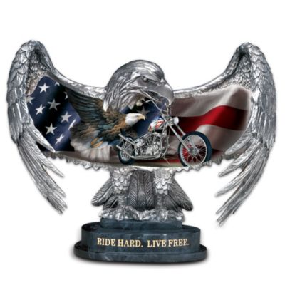 Have you ever dreamed of roaring across America on a motorcycle, the air rushing by you, as free as an eagle in flight? Now the spirit of the open road is expressed in this first-of-its-kind handcrafted eagle figurine in gleaming silver, gloriously embellished with thrilling motorcycle art and America's symbols of freedom! This exclusive, limited-edition Bradford Exchange collectible eagle figurine is dedicated to the pursuit of freedom and love of the open road. Don't let this opportunity fly by - order now!