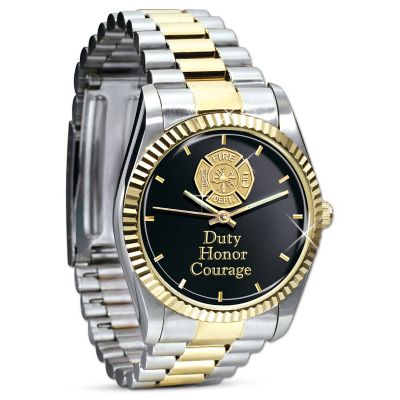 When infernos blaze and the air is thick with smoke, only a true hero would rush to help, risking his own life to save his fellow man. Yet thousands of individuals do this every day: our brave firefighters. Now, express your admiration for a tradition that's second to none in a firefighter watch with precision quartz movement that is engraved with the words "Duty, Honor, Courage" and the Maltese Cross on the dial.Show your pride for America's firefighting heroes with this firefighter watch, a fine jewelry exclusive from The Bradford Exchange. This handcrafted stainless steel timepiece accented with 24K-gold plating and featuring a motif of a helmet, ladder, pick, axe and fire hose on the reverse makes a memorable keepsake or ideal gift for firefighters. Heavy demand is expected, and you won't want to miss out. Order now!