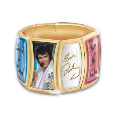 He stole everyone's heart with his great looks, fast moves, and upbeat music. Today, more than ever, Elvis&reg; stands out as a legend. Now you can pay tribute to the King of Rock 'n' Roll with this dazzling Elvis Presley charm bracelet, a fine jewelry design exclusively from The Bradford Exchange. This handcrafted bracelet, inspired by a bracelet owned by Elvis's mom, features eight individual charms, some charms displaying a heart-melting portrait of Elvis performing by acclaimed celebrity artist Nate Giorgio, and others showcasing the title from one of the King's biggest hits. A final charm is emblazoned with a replica of Elvis's signature. While the gleaming 24K gold-plated accents frame each charm, the remarkable "flex" band expands to fit most wrists. High demand is expected for this ideal Elvis tribute jewelry, so order now!