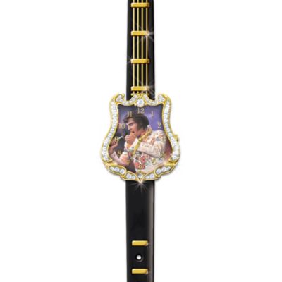 There will never be another Elvis&reg;! No performer before or since has had the sound, the looks and the moves, or captured the devotion of so many fans. Now, you can enjoy a timeless tribute that shows your love for the King of Rock 'n' Roll&reg; in a collectible Elvis Presley&reg; watch with Swarovski&reg; crystals, a face that boasts a unique guitar design and a slender leather strap that is cleverly shaped like a guitar neck. Enjoy a rock 'n' roll legend like never before with this individually handcrafted collectible Elvis Presley watch that dazzles with over 50 genuine Swarovski crystals, a Fine Jewelry Exclusive from The Bradford Exchange. This cherished keepsake memorabilia or Elvis gift showcases a full-color portrait of Elvis in his famous sequined jumpsuit by artist to the stars Nate Giorgio. A hunk of burnin' demand is expected, and you won't want to miss out. Order now!California Residents click here for Proposition 65 notice.
