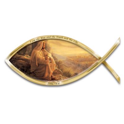 Grace your home with a beloved symbol of hope and meaning! This touching religious Christian collector plate wall decor takes the form of the timeless symbol of Christianity - the Icthus fish - to create an inspiring showcase for one of acclaimed artist Greg Olsen's moving Jesus portraits. It's a breathtaking work of collectible inspirational wall hanging decor that allows you to share in a quiet moment with our Lord as he watches over his beloved flock.This limited-edition religious Christian collector plate is superbly crafted of fine porcelain. A gleaming 22K gold-finished rim is inscribed with the words: "I am the Way and the Truth and the Life - John 14:6." In every way, this unique religious wall decor is as beautiful as it is meaningful, making it a special addition to your collection or a thoughtful Christian religious gift. But do not delay - strong demand is expected for this highly collectible presentation of artist Greg Olsen's masterful Biblical art. Order now!