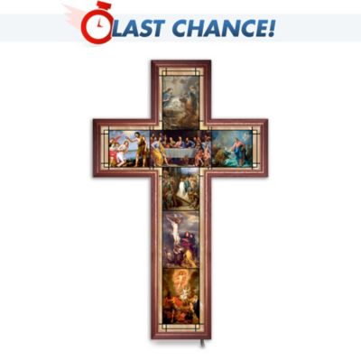 From the miracle of Christ's birth to His Resurrection and glorious Ascension, the pivotal moments of the Savior's life comprise the greatest story ever told, and throughout the ages artists of notable stature have sought to portray these wondrous events through their sublime craft. Now this exclusive limited-edition stained-glass cross makes it possible for you to enjoy seven of these magnificent works of Christian art - some of which hang in the famed Louvre museum of Paris and other prestigious European galleries - united as one glowing masterpiece of Christian wall decor created specially for your home.Just imagine these stunning works of inspirational Christian art as a part of your daily life! Each is beautifully showcased in this impressive illuminated stained-glass cross, creating a gallery-quality work of Christian art that's sure to become a centerpiece in your home - or the most breathtaking Christian gift imaginable! Do not delay - heavy demand is anticipated for this radiant limited edition, available only from The Bradford Exchange! Order now!