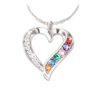Rainbow Of Sapphires & Diamonds Sterling Silver Heart Shaped Pendant Necklace Gift For Her
