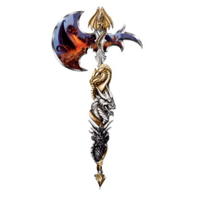 This sword, the most prized weapon and trusted ally of heroes, will be put to the ultimate test today. A winged beast blazing with fury has unleashed her wrath upon the unfortunate who have dared to disturb her precious eggs. Now, you can embark on a perilous quest to the sharpened edge of imagination in collectible dragon art wall decor portraying fantasy artist Matthew Stawicki's full-color imagery on the blade of an awesome replica axe.The legendary power of the sword comes to life with this limited-edition dragon art wall decor, available only from The Bradford Exchange. This collectible dragon decoration boasts coiled dragons wrapped around a handle that is hand-painted in gleaming silver and gold. Makes a cutting-edge fantasy art keepsake or collectible dragon gift. Heavy demand is expected, and you won't want to miss out. Order now and enjoy our FREE SHIPPING offer!