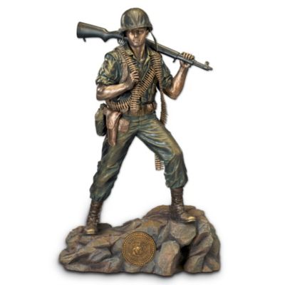 Make a special place in your home for this extraordinary tribute to America's Marines! Available exclusively from The Bradford Exchange, this USMC Semper Fi sculpture is a handcrafted salute to those who, in every war, on every land, have always been well equipped to prevail. Rigorously trained and always in top physical form, the Marines of every generation have brought an arsenal of power and military readiness to the task at hand. Now, standing 16" high, this impressive limited-edition USMC home decor portrays a World War II Marine, authentically clad in the utility uniform and weaponry of the Marines at that time. Note the .30-caliber MI Garand semi-automatic on his shoulder, the bandolier of machine gun ammo he carries, his Colt .45 pistol and much more. Each of these riveting sculptures is individually hand-cast of fine artist's resin, then hand-painted in rich bronze and metallic tones that evoke a dramatic sense of history. There's even a cast metal, bronze-electroplated replica of the USMC medallion embedded in the sculptural base, which is custom-designed to match the look of hills taken and battles won. In every way, this USMC Semper Fi sculpture is an important salute to the historic service and legacy of America's Marines that you'll be proud to display. It also makes a fine collectible Marine Corps gift, but do not delay! This distinctive work of art is available in a strictly limited edition of only 5,000 and strong demand is expected. Order now!
