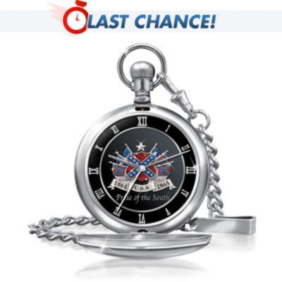 More than 145 years have passed yet the Civil War still remains a source of great interest and pride. Now you can celebrate this remarkable time in American history with this striking Civil War commemorative pocket watch, a fine jewelry design exclusively from The Bradford Exchange. This stunning collectible jewelry is expertly handcrafted and features a silver-tone finish and a spring-activated cover handsomely etched with dramatic civil war heraldry. Matching Civil War era symbols appear on the dial along with silver-tone hands and numerals and the words, "Pride of the South." Precision quartz movement and a traditional chain and clip add the perfect finishing touches. Strong demand is expected. Order now!