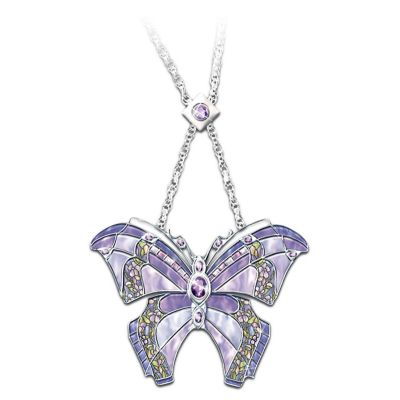 Era Of Louis Tiffany Style Shimmering Wings Amethyst Butterfly Necklace