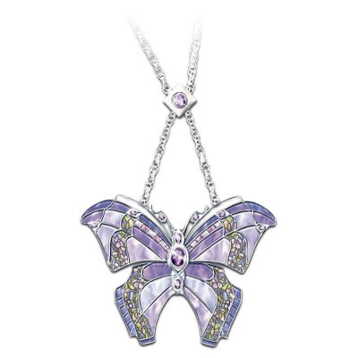 Era Of Louis Tiffany Style Shimmering Wings Amethyst Butterfly Necklace