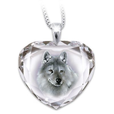 Silver Scout Cut Crystal Pendant Necklace With Wolf Art