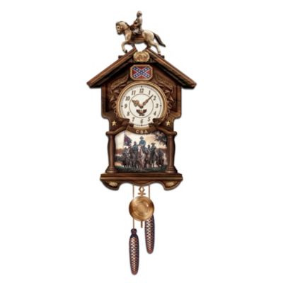 In the South's hour of need, a gallant soldier named Robert E. Lee won timeless glory for himself and the fighting men of Dixie. Now, you can be reminded of the enduring pride of the South with a timeless Civil War cuckoo clock, an exclusive first available only from The Bradford Exchange. Decorated with stunning imagery from artist John Paul Strain, this collectible wooden cuckoo clock is crafted with a handcrafted solid wood case and an accurate quartz movement. As the perfect final touch, a sculptural cannon emerges from twin doors decorated with the Confederate flag to announce each hour. Hurry to own this Civil War cuckoo clock or give as a collectible Civil War gift. Strong demand is expected for this unique Civil War memorabilia, so order now!