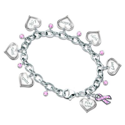 Circle Of Hope Engraved Heart Charm Bracelet: Breast Cancer Awareness Jewelry Gift