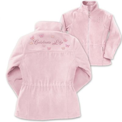 Show your proud support as you wrap yourself in the pretty-in-pink warmth of a cozy embroidered fleece jacket. Now, The Bradford Exchange offers an attractive way to recognize and remember those whose lives have been touched by breast cancer. Graced with the distinct embroidered emblem of a pink ribbon and beautiful butterflies, this decorative women's fleece will warm you all over as a portion of the proceeds from your purchase will be donated to breast cancer charity.Expertly fashioned of high-quality fleece for warmth and wind resistance, and featuring a flattering princess cut, this uplifting jacket lets you fight for a cure in style. The zippered front and two side pockets are each accented with a sculptural breast cancer ribbon pull and the uplifting challenge to "Celebrate Life" is embroidered across the shoulders. Wrap yourself in hope with this one-of-a-kind embroidered fleece jacket, but don't wait. Fight for a cure and order now!