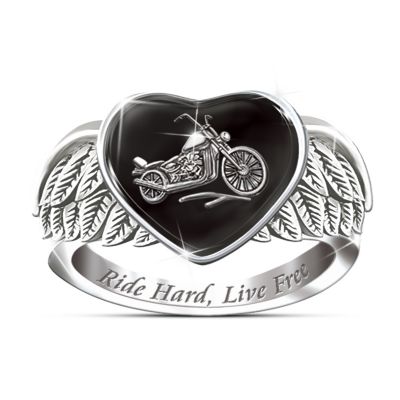Ride Hard, Live Free Engraved Sterling Silver Ladies Motorcycle Ring: Jewelry Gift For Her