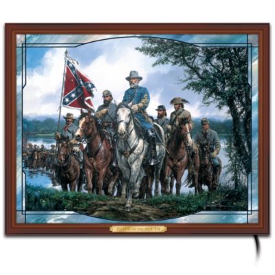 The courage, daring and gallantry of the commanders and soldiers of the Rebel Army still shine brightly in Pride of the South, an unforgettable stained-glass panorama that glows with Confederacy pride. This commanding stained-glass masterpiece presents renowned artist John Paul Strain's powerful "Williamsport Crossing" artwork, hand-fired onto a handcrafted stained-glass edition that lights up dramatically from within.This limited-edition Civil War stained-glass art captures every dramatic, historically accurate detail in John Paul Strain's painting, brought to you exclusively by The Bradford Exchange. A hidden system of miniature LED lights built into the frame illuminates the scene of Generals Lee and Longstreet as they boldly move the Rebel forces across the Potomac into Union Territory and on to Gettysburg. This impressive stained-glass art measures 16" x 20" to dramatize a pivotal moment in history on your walls. The edition is strictly limited to just 5,000 and you don't want to miss out, so order now!