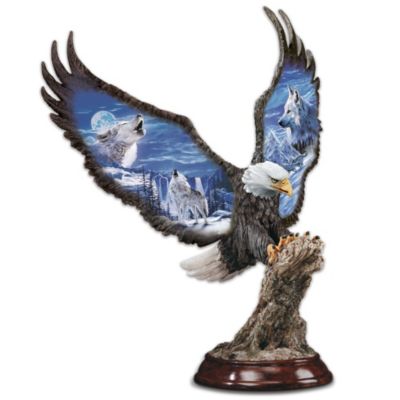 Moonlight Majesty Collectible Bald Eagle Sculpture With Wolf Art