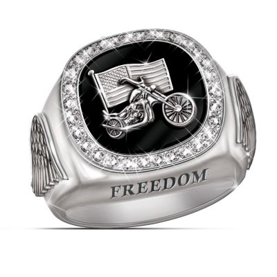 The vast highways and open roads of America provide the ultimate vehicle to freedom! And for those who prefer their freedom on two wheels, a men's ring for bikers lets you ride in style. An exclusive fine jewelry design from The Bradford Exchange, this men's diamond ring glistens with 15 genuine, hand-set diamonds - a passionate statement for those who were born to be free. Expertly handcrafted in solid sterling silver, this distinctive ring for bikers features a raised sculptural custom bike and American flag against genuine black onyx. Each side has a raised relief eagle wing design with an antique finish, and the word "FREEDOM" is engraved on the front. Bold and striking from any angle, this men's diamond ring makes a stylish and dramatic accent for all who make their home on the open road. Strong demand is expected, so order now!