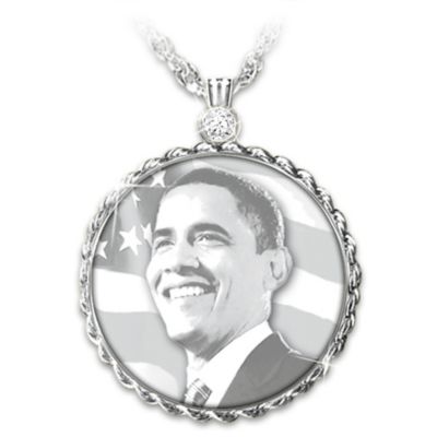 Barack Obama Commemorative Solid Sterling Silver Diamond Pendant Necklace