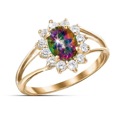 Yellow Gold And Mystic Topaz Ring: Jewelry Gift For Her