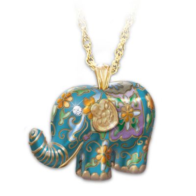 Cloisonne And Diamond Elephant Pendant Necklace