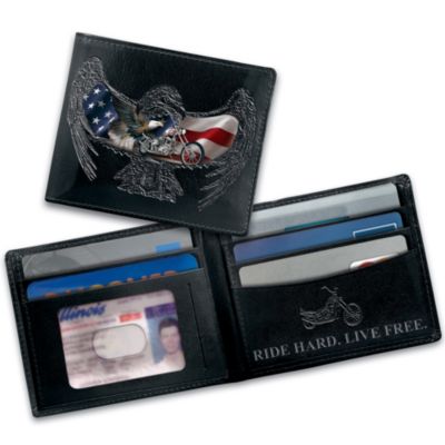 There's nothing like the thrill of the open road on a high-speed chopper. Now you can celebrate timeless symbols of American adventure wherever you go with this first-of-a-kind chopper themed leather wallet, a custom design exclusively from The Bradford Exchange. This exquisite motorcycle and eagle wallet is handcrafted in genuine leather and ruggedly designed. The front features a portrait of an embossed American bald eagle with a full-color chopper, eagle and American flag montage by artist Marc Lacourciere. Embossed on the inside is an image of a classic American chopper above the inspiring words, "Ride Hard. Live Free." High demand is expected for this perfect wallet for bikers and it makes a great motorcycle lover gift. Order now!
