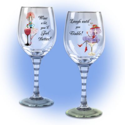 Raise a glass to this sassy set of wine glasses with witty words of wisdom that are just waiting to be filled with your favorite vintage. Invite these first-ever Dolly Mama's wine glasses by artist Joey Heiberg to your next party, and the conversation and good times will be flowing. This full-color set of two wine glasses offers sassy suggestions to: "Laugh until you Tinkle," and "Wine a bit, you'll Feel Better." These generously-sized 12-ounce wine glasses are available only from The Bradford Exchange, and specially designed to show off Joey Heiberg's famous characters and witty expressions. Hand-painted stems feature the artist's signature striping to coordinate with full-color art on each respective glass. Your friends will love joining the spirited Dolly Mama's happy hour. Edition is limited and strong demand is likely. Order now!
