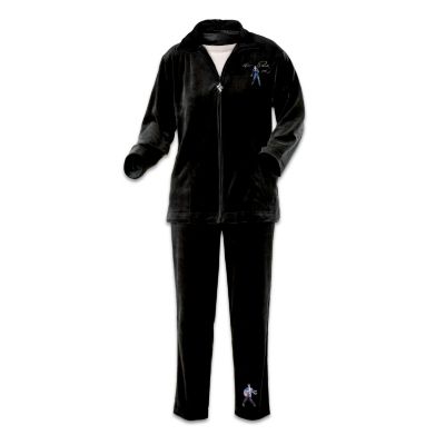 Besides his heart-pounding music, captivating charisma and sizzling body language, the King of Rock 'n' Roll's iconic style always left fans "all shook up." Now you can rock and relax when you slip into this First-Ever Elvis Presley&reg; loungewear set exclusively from The Bradford Exchange. This 2-piece velour sweat suit showcases an embroidered Elvis&reg; image with his distinctive replica autograph across the jacket's front. The rockin' continues with an additional embroidered Elvis on the pants leg and full-color artwork from his "Aloha from Hawaii" concert across the jacket's back. Custom-crafted of luxurious cotton-blend black velour, this fine Elvis apparel for women features a long-sleeved zippered top with a cozy hood and full-length elastic waist pants. And making a stunning appearance is a TCB symbol zipper pull, tying this fashion ensemble together with the perfect finishing touch. This classic Elvis Presley velour sweat suit provides true comfort you just can't help falling in love with. Strong demand is expected, so don't wait to relax in rock 'n' roll style. Order now!