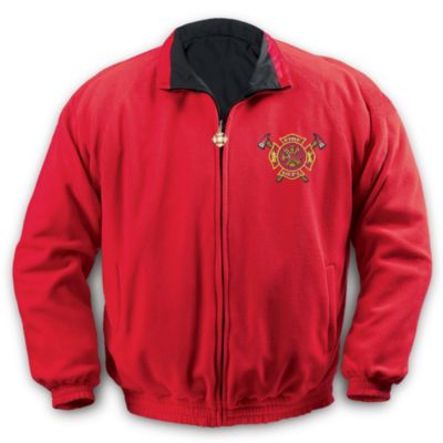 Every single day, they put themselves in harm's way to save those in desperate need. Consistently braving the indiscriminate rage of the flame, they have truly earned the title of hero. Now an exclusive fleece jacket lets firefighters and those who support them show their unwavering spirit and style. This exclusive firefighter reversible fleece jacket, a fine apparel design from The Bradford Exchange, displays your pride inside and out. Slip into this expertly tailored and custom-crafted dark blue nylon jacket for lightweight warmth and wind resistance, or reverse to the bright red fleece side for uncompromising warmth and breathability.Both sides of this sharp men's fleece jacket are emblazoned with richly embroidered colors, symbols and artwork honoring the noble service of firefighting. An impressive centerpiece of the historic Maltese Cross - the fire department's logo - marks both back sides, edged in golden fabric cording and showcasing dramatic artwork. Across the chest, and on both sides, is a smaller Maltese Cross edged in golden thread, with a complementing golden zipper pull to add that finishing touch of fiery flair. This reversible fleece is a bold statement of support to wear yourself or share as a distinctive gift for a fireman. Honor true American heroes - order now!