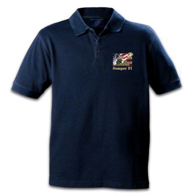 Dedicated to the values of courage, honor and commitment, the men and women of the U.S. Marine Corps have established a noble history that commands respect. Now you can wear your unflinching support and show off your Semper Fi Marine pride with this stylish salute - the USMC polo shirt, an exclusive fashion design from The Bradford Exchange.Expertly crafted of 100% cotton for uncompromising quality, lightweight breathability, comfort and style, this USMC polo shirt recalls the loyal color of the Corps dress blue uniform. The front of this three-button shirt is emblazoned with bold artwork of the flag raising at Iwo Jima, against the dramatic backdrop of an American flag, and surrounded by an embroidered USMC insignia and "Semper Fi." The "always faithful" will be "always well-dressed" in this handsome USMC polo shirt. Makes the ideal gift for a Marine as well. Don't wait to wear your pride. Order now!