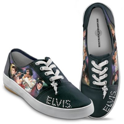 It's time to kick up your heels with the excitement of a rock 'n' roll icon! Step proud when you slip into these Elvis Presley&reg; women's canvas sneakers - a walking tribute to the signature style of a music legend. Cool fashion and custom-comfort create charismatic harmony in these durable black cotton canvas sneakers - a First-Ever artistic Elvis&reg; apparel design, available only from The Bradford Exchange.Glittering, hand-applied simulated diamonds spell out "ELVIS" across the front of these exclusive women's canvas sneakers, flanked by full-color portraits of Elvis on both sides. Rubber outsoles and cushioned footbeds promise a stride so comfy, you'll want to dance all night, and there is even a sparkling TCB charm, in simulated jewels, dangling from the lace of each shoe. Makes a show-stopping gift for Elvis fans or a glamorous perfect fit for you. Order now!