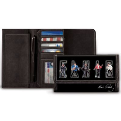 No other performer electrified an audience like the King of Rock 'n' Roll. Now, a first-of-its-kind Elvis Presley&reg; leather women's wallet lets you carry memories of Elvis&reg; everywhere. Crafted of genuine black leather, the wallet's front flap "explodes" with 5 full-color images from Elvis' career as his name is spelled out in "lights." His replica signature adds a show-stopping finishing touch.You'll be singing "Well, it's one for the money, two for the show"* when you use this fabulous Elvis Presley leather wallet, exclusively from The Bradford Exchange. Interior features a convenient pen loop and coordinating checkbook cover, 4 credit card pockets and ID holder. A gleaming TCB logo charm graces the exterior zipper on back. This rockin' women's wallet is expected to create a hunka burning demand and it's the perfect Elvis fan gift. Don't miss out - order now!