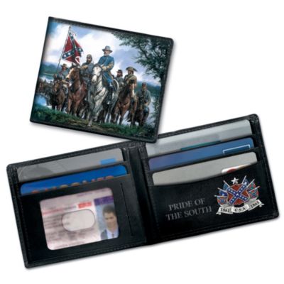 Renowned artist John Paul Strain's portraiture of the revered General Lee captures a glorious moment in Civil War history. Now, a Southern Confederacy pride leather wallet lets you carry memories of Lee with you wherever you go. This custom-designed wallet is crafted of genuine, hand-tooled black leather for long-lasting wear. Open the wallet to discover the words "Pride of the South" embossed into the leather alongside the CSA insignia and colorful Confederate flag art.Nothing says Rebel like this Southern Confederacy pride leather wallet, only from The Bradford Exchange. Ample pockets inside allow room for cash and cards. A clear pocket window provides convenient ID access. This Rebel pride gift is likely to generate unprecedented demand, and you won't want to miss out. Order now!