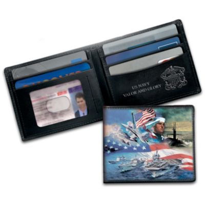 Once you become an American sailor or airman and earn your stripes, nautical pride runs deep wherever you go. Now, a U.S. Navy leather wallet with United States Navy artwork and embossing keeps your pride always within reach! Wallet cover boasts a full-color, patriotic montage of Naval images as an ultimate tribute to Navy courage and sacrifice. Unfold the valor of sea and sky with this U.S. Navy wallet, exclusively from The Bradford Exchange. Inside this rugged, hand-tooled black leather wallet are the Navy emblem and words "US Navy Valor and Glory." Interior pockets provide ample storage, plus a clear pocket window for easy access to your identification. Any sailor would be proud to own this billfold, and it makes an impressive Navy sailor gift. Soaring demand is expected. Don't miss out - order now!