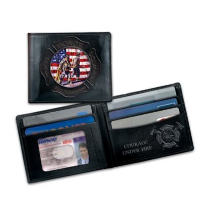 Showing courage under fire, firemen and women put their lives on the line every day. Honor their heroism with this first-of-its-kind firefighter's leather wallet featuring firemen in action and a bold image of the American flag. This custom-designed wallet comes with a FREE Firefighter's Prayer Card with inspiring verse.Two embossed Maltese Cross are portrayed on this firefighter's leather wallet - on the billfold's cover surrounding the bold, full-color artwork and inside next to the rousing words "Courage Under Fire." The wallet's interior boasts two inner pockets, four credit card compartments and a see-through pocket for easy ID access. Exclusively from The Bradford Exchange, this celebration of true American heroes makes a fabulous gift for firemen and women, but don't wait. Heavy demand is expected - order now!