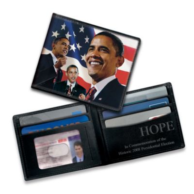 The 2008 election of Barack Obama has brought a spirit of optimism to our nation and the world. Now, a striking Barack Obama wallet celebrates this sense of pride and freedom. Keep the inspiration with you when you carry this Barack Obama memorabilia. This genuine black leather wallet comes with a FREE Inaugural Address Card bearing a stirring quotation from his speech on Inauguration Day - January 20, 2009.Keep a moment in history with you wherever you go with this Barack Obama wallet, exclusively from The Bradford Exchange. The cover of this custom-designed leather wallet features three full-color images of President Obama against a Stars and Stripes background. Inside, an embossed inspiration sends a message of "HOPE." Makes an ideal Obama supporter gift. This commemorative wallet is expected to generate unprecedented demand. Don't miss out - order now!