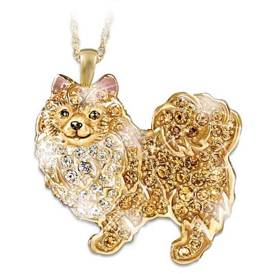 Inside your Pomeranian, there beats the heart of a winner - a loyal, loving companion always at your side! Show your pride in your dog's winning personality with a dazzling show dog Pomeranian crystal pendant necklace you can wear every day. Skillfully relief-sculpted and embellished with Swarovski&reg; crystals, the lovable look of your Pomeranian and even the distinctive colors of its coat are both captured in this Best In Show crystal pendant necklace treasure, a fine jewelry design available exclusively from The Bradford Exchange.Crafted by hand in solid sterling silver and richly plated in 24K gold, this Pomeranian crystal necklace features a detailed, relief-sculpted image of a Pomeranian enhanced with genuine white and golden blonde Swarovski crystals to capture the essence of its shining coat. This Pomeranian lover's crystal jewelry is perfect to own and perfect to give - this one's a winner! Strong demand is expected, so order now! California Residents click here for Proposition 65 notice.