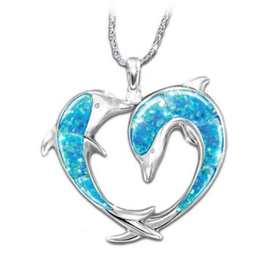 Created Opal And Diamond Dolphin Art Pendant Necklace - Endless Sea Of Love