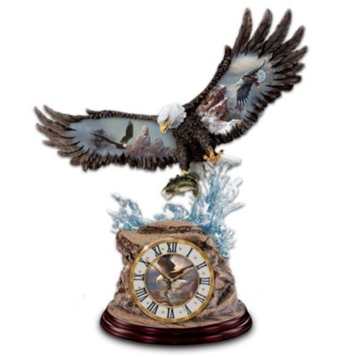 Nature's true-life drama and breathtaking beauty lend a splash of adventure to any moment of the day with a first-ever collectible eagle art clock exclusively from The Bradford Exchange, featuring full-color imagery from acclaimed artist Ted Blaylock. With outstretched wings, the noble hunter is captured in the fleeting instant of a powerful strike on its prey.Get a compelling glimpse of the wild whenever you check the time with this limited-edition eagle art clock with precision quartz movement. Eagle and clock base are expertly handcrafted in artist's resin and hand-painted in subtle natural tones. Sparkling crystalline conveys the crystal-clear waters of an icy mountain stream. Mr. Blaylock's soaring eagle art is depicted on the eagle's outstretched wings and the clock face, creating a dramatic display in any room. Strong demand is expected. Don't run out of time - order now!