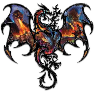 Malicious marauders have arrived to challenge the almighty dragon, for they want to be known as the mortal who felled this great beast. But no one can underestimate the powerful dragon's fiery vengeance. Now you can let your imagination run wild with this striking iron dragon wall decor, available exclusively from The Bradford Exchange.This exquisite dragon collage features acclaimed fantasy artist Matt Stawicki's high-gloss art recreated with genuine deep black stamped iron. You'll enjoy the spiked curve of the dragon's wings and twisting tail and the swirling rings of its fiery breath. Plus, this thrilling keepsake showcases epic battles of good and evil stretched across a panoramic presentation. High demand is expected for this unique home decor, so order now!
