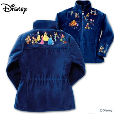 For generations, beloved Disney friends have warmed our hearts, sharing their adventure, fun and fantasy. Now they can keep you cozy when you slip into this delightful Disney characters fleece jacket, featuring a unique apparel design from The Bradford Exchange. Keep Mickey Mouse, Winnie the Pooh, Cinderella and more - a grand total of 32 Disney characters - with you as they appear in vivid embroidered artwork across the front, back and sleeves of this special fleece jacket for women. This truly enchanting Disney apparel is expertly fashioned of high-quality mid-weight fleece and features a flattering princess cut for a stylish presentation no matter where you choose to wear it. Sculpted metallic "Mickey Mouse Ears" charms dangle from the front and two side pocket zippers, to give your jacket that extra magical Disney touch. With a drawstring waist and collar that can be worn up or down, this Disney characters fleece jacket is a wearable work of art that you don't want to miss. Order now!This fine apparel is not intended for children.