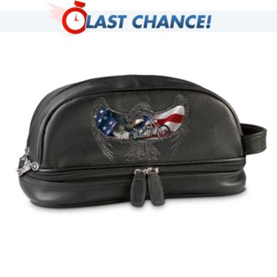 Patriotic American Motorcycle-Themed Leather Travel Bag: Ride Hard, Live Free