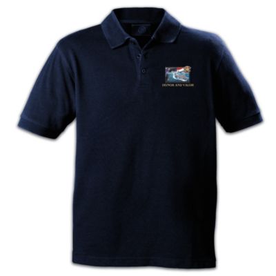 For a Navy man, his dedication to the values of honor and valor carries on in the heart even after active duty has ended. Now those same values shine boldly in this handsome U.S. Navy embroidered polo shirt for men. Every steadfast sailor, brave airman and those who support them will be proud to wear this stirring exclusive fashion design from The Bradford Exchange.Expertly crafted of deep blue 100% cotton for uncompromising quality, breathability, lightweight comfort and casual style, this United States Navy apparel showcases dramatic artwork of a Naval aircraft carrier against an American flag background. Accented with rich golden embroidery of the Navy twin anchors and the words "Honor and Valor," this U.S. Navy embroidered polo shirt lets everyone know your heart belongs to the sea and sky. It also makes an ideal gift for every sailor. All hands on deck and order now!