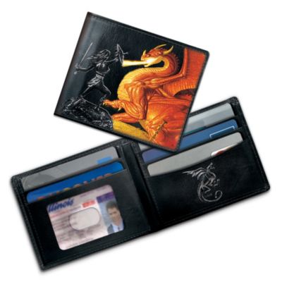 Nothing represents the mystical and magical medieval realm like a fire-breathing dragon lurking in the dark anxiously awaiting his next victim. Now you can ignite this powerful beast wherever you go with this first-of-a-kind dragon-themed leather wallet, a design exclusive from The Bradford Exchange. This exquisite fantasy art men's wallet is handcrafted in genuine black leather and features a striking embossed image of a sword-wielding temptress fighting a fire-forging dragon, showcased in full-color imagery by famed artists Tim and Greg Hildebrandt. Embossed on the inside is another alluring dragon plus two inner pockets, five credit-card compartments and a see-through, covered pocket for extra storage and easy access. High demand is expected and you won't want to miss out. Order now!