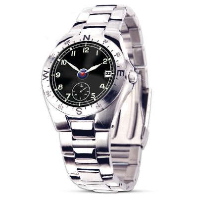 You take pride in the fine man that your grandson is becoming! Give him a meaningful expression of your love with this grandson watch that carries a loving sentiment. This handsome watch is handcrafted of stainless steel with a black watch face, a seconds subdial, date window, and a unique compass-bezel outer edge. Etched on the back is a heartfelt message: "My Grandson, My Pride My Joy." Watch face is accented with a red and blue rondel, and sleek silver-tone hands and hour markers that glow in the dark. As seen on Lifetime Television's "The Balancing Act."This fine jewelry design exclusively from The Bradford Exchange is perfect for every day use and for special occasions. Watch is crafted with a precision quartz movement, an adjustable clasp, and is water-resistant to a depth of 99 feet. Arrives in a custom presentation case, ready for gift giving. Don't miss out, order now!