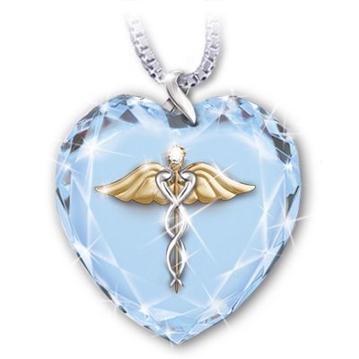 Crystal Heart Caduceus Pendant Necklace: Healing Touch