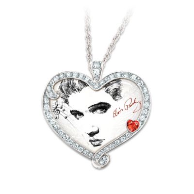 What memories it brings back when you hear the notes from one of the King of Rock 'n' Roll&reg;'s songs. Now, a collectible Elvis Presley&reg; heart pendant necklace lets you keep this legend's musical moments near you at all times! Elvis&reg;'s image on the pendant is surrounded by a pave of glittering Swarovski&reg; crystals - and a solitaire heart-shaped ruby-red crystal. Show your love for Elvis with this magnificent "Love Always" heart pendant necklace, a fine jewelry exclusive from The Bradford Exchange. The artwork is embellished with musical notes and a replica of Elvis's famous signature. The pendant's reverse side is engraved with "Love Always" and a second replica of Elvis's signature. But hurry! Temperature-rising demand is expected, and you don't want to miss out. Order now! California Residents click here for Proposition 65 notice.