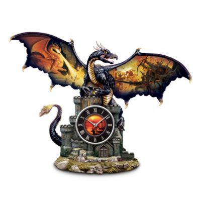 The majestic dragon Madfury is poised to vanquish any foe vying for his treasure-laden castle in this awesome collectible dragon art clock featuring fantasy artwork by the world-renowned Hildebrandt brothers. Their dramatic artwork is showcased on Madfury's outstretched wings and the clock face. Unleash the fiercest of dragons with this limited-edition fantasy art clock, a Bradford Exchange exclusive. This clock with a precision quartz movement is painstakingly handcrafted of artist's resin and carefully hand-painted with iridescent and gold-toned paints for the utmost in realism. The stone castle Madfury guards is complete with battlements and a tower. But hurry! This powerful timepiece is expected to generate heavy demand, and you don't want to miss out. Order now!