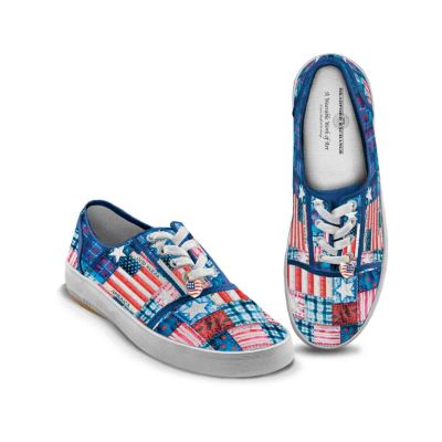 Are you ready to show everyone your patriotic side? Take a walk of freedom with these first-of-a-kind American flag women's shoes. Comfortable and classic, the American Pride Sneakers feature a unique quilted pattern inspired by the faithful spirit of Old Glory. This exclusive apparel design from The Bradford Exchange lets you step out in all-American style, and it's only available here.These custom-crafted American flag women's shoes feature sturdy rubber outsoles, foam-cushioned footbeds and plush cotton-terry lining for superior durability. Plus, a shimmering heart-shaped flag charm dangles from the laces of each shoe. Patriotism is always in fashion, so don't miss your chance to walk with American pride. Order now!