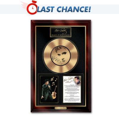 The importance of Elvis&reg;'s 75th birthday anniversary has generated excitement literally around the world. Honor the King of Rock 'n' Roll for his lifetime achievement with this important Elvis Presley&reg; 75th anniversary wall decor, available exclusively from The Bradford Exchange and officially authorized by the Estate of Elvis Presley.This dramatic tribute features the career highlights and achievements of Elvis framed and matted, in a museum-quality presentation for all to admire. Below his gold and black replica signature title plaque hangs a lustrous, triple-fired Heirloom Porcelain&reg; Elvis gold record "plate" with luminous shine and etched artwork. Plus, an electrifying portrait of Elvis in his "68 Comeback Special" black leather ensemble resides next to a comprehensive Elvis awards roster listing Elvis's professional awards, nominations, achievements and Hall of Fame honors to truly showcase his greatness. High demand is expected for this exclusive limited-edition Elvis Presley tribute wall decor, so don't miss out. Order now!