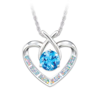 Blue Topaz Kiss Silver Heart Pendant Necklace